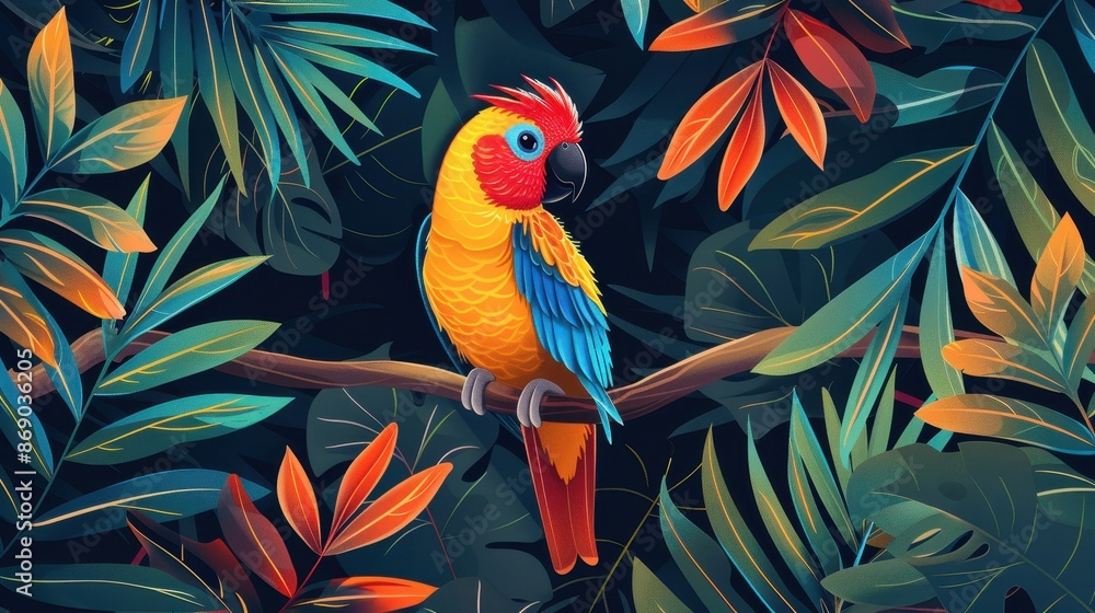 Obraz premium Tropical Parrot in Lush Foliage