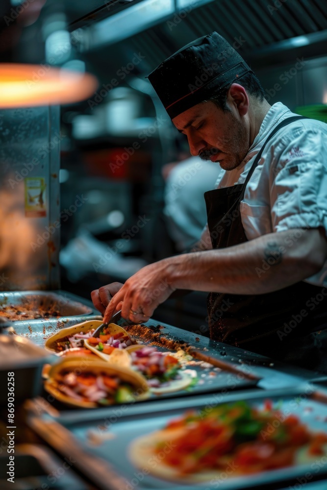 Obraz premium Chef preparing meal in restaurant kitchen
