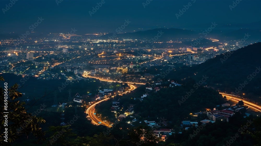 Obraz premium aerial view City night from the view point on top of mountain Chiang maiThailand : Generative AI