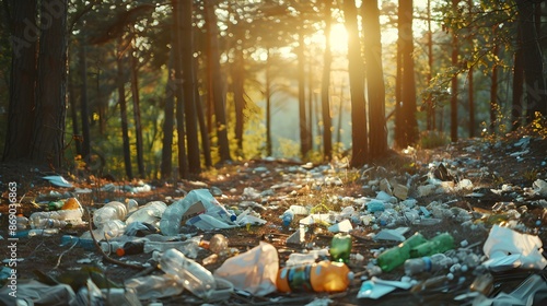 Scattered garbage in the forest including plastic