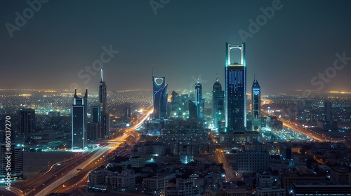 Kingdom of Saudi Arabia with a night view  Kingdom Tower  Riyadh skyline  Riyadh at night : Generative AI photo