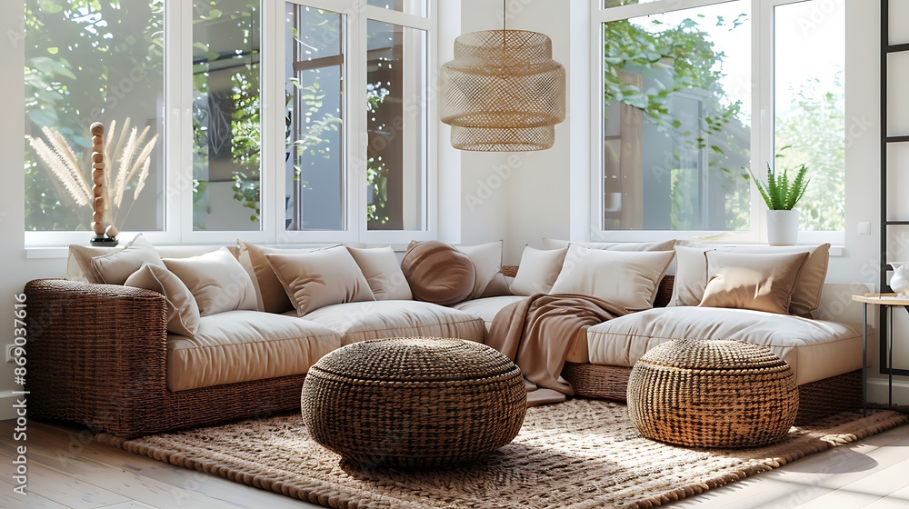 Obraz premium Wicker and fabric pouf near window and brown corner sofa very detailed and realistic shape