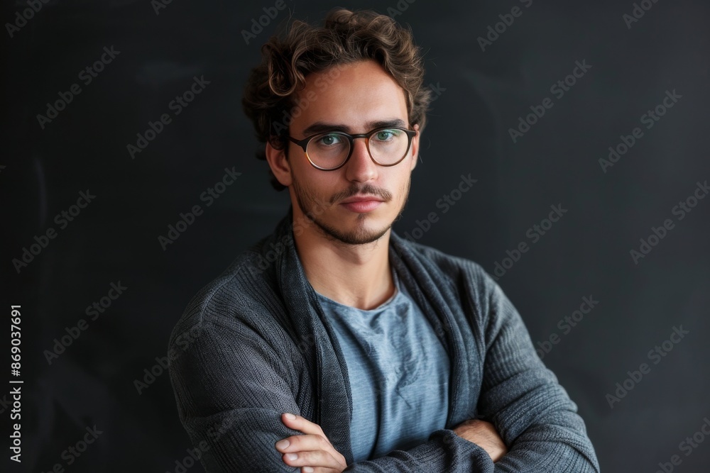 Naklejka premium Portrait of a handsome young man in glasses with his arms crossed looking at the camera