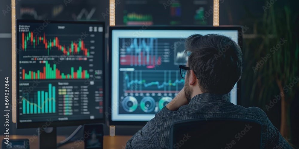 An analyst surrounded by multiple computer screens displaying financial data, focusing on market trends and statistics, capturing a high-tech and analytical work environment. An analyst surrounded by multiple computer screens displaying financial data, focusing on market trends and statistics, capturing a high-tech and analytical work environment.