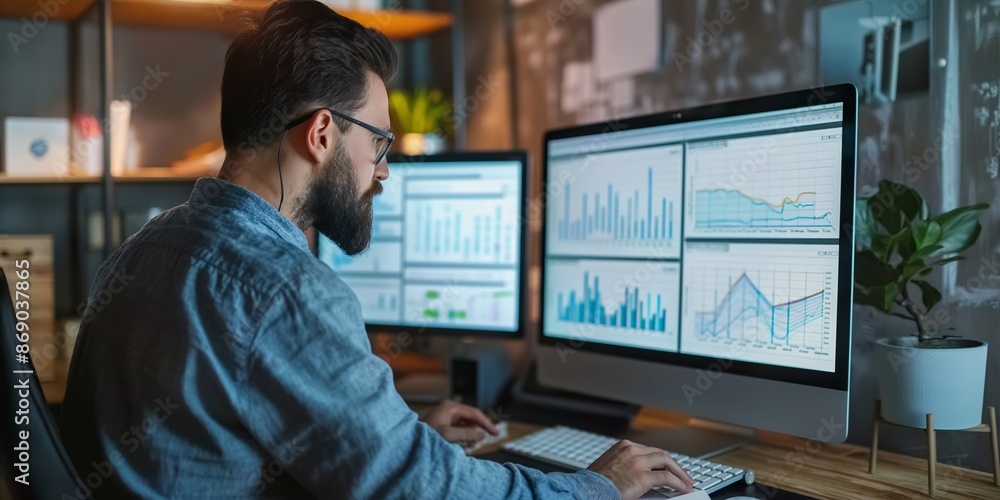 A person sits at a desk, analyzing substantial data displayed across multiple computer screens, indicating a focused and high-tech analytical environment. A person sits at a desk, analyzing substantial data displayed across multiple computer screens, indicating a focused and high-tech analytical environment.
