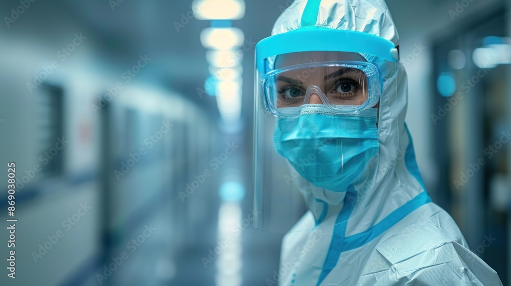 A woman in a hospital gown and a mask is standing in a hallway. She is wearing a blue and white outfit and has a serious expression on her face A woman in a hospital gown and a mask is standing in a hallway. She is wearing a blue and white outfit and has a serious expression on her face