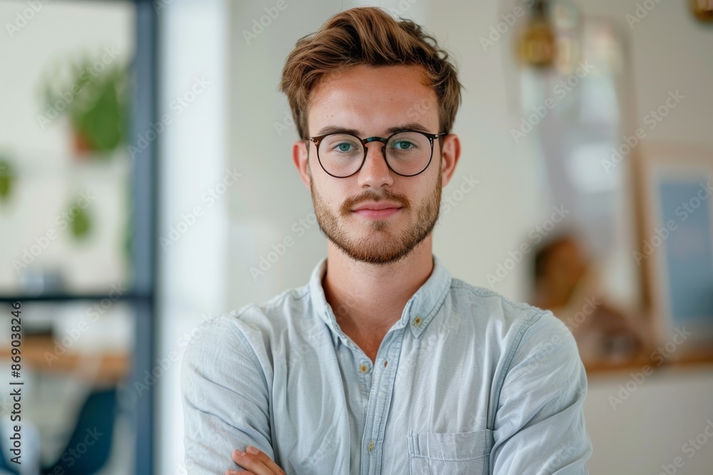 Naklejka premium Portrait of a handsome young man in glasses with his arms crossed looking at the camera