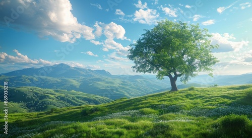 Lonely Tree on a Rolling Green Hilltop Under a Sunny Sky