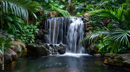 A tropical waterfall surrounded by lush greenery image