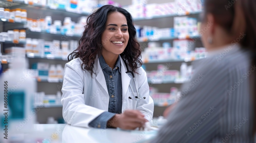 A woman in a white lab coat is talking to a woman in a gray shirt A woman in a white lab coat is talking to a woman in a gray shirt