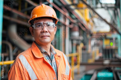 Portrait of a Professional Asian Heavy Industry Engineer Worker Wearing Safety Uniform