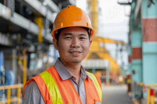 Portrait of a Professional Asian Heavy Industry Engineer Worker Wearing Safety Uniform © senyumanmu