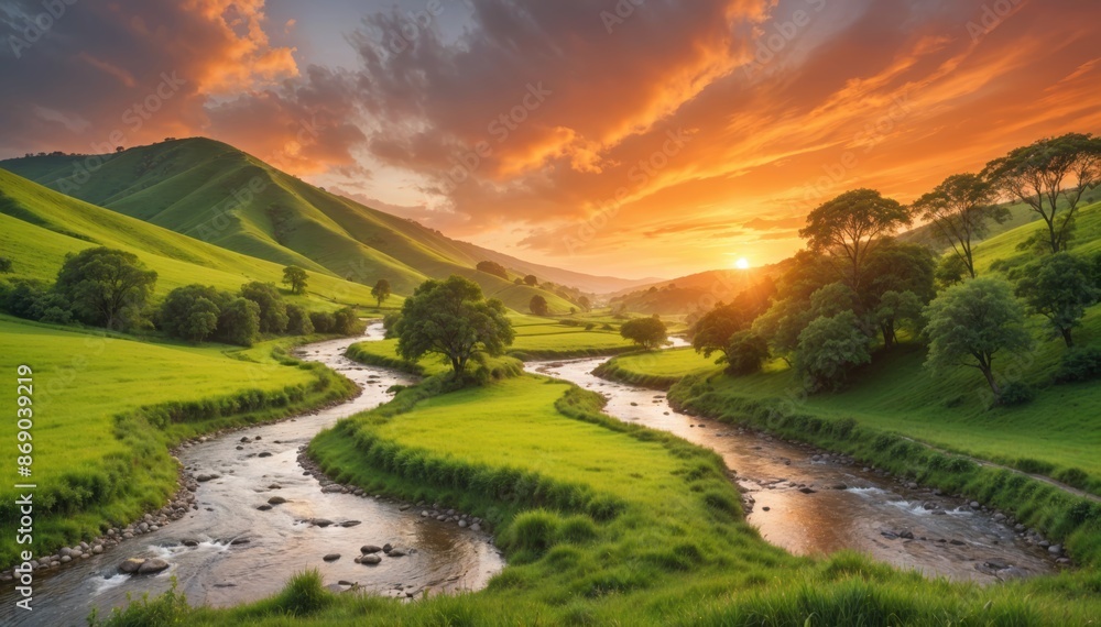 Fototapeta premium Serene river flowing through lush green valley at sunset. The vibrant colors of the sunset sky enhance the tranquil beauty of the landscape. 