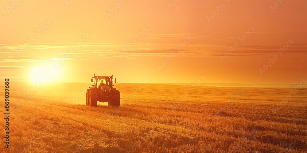 A tractor is seen working in an agricultural field at sunset, capturing the serene beauty of the countryside as the golden light illuminates the scene. A tractor is seen working in an agricultural field at sunset, capturing the serene beauty of the countryside as the golden light illuminates the scene.