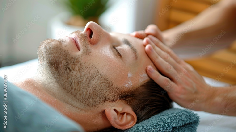 A man is getting a massage with his head on a towel. The man is relaxed and comfortable A man is getting a massage with his head on a towel. The man is relaxed and comfortable