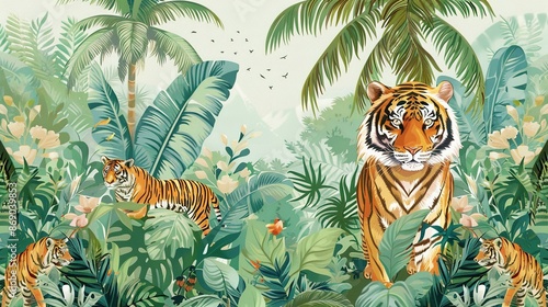 Jungle Tropical Illustration: Exotic Floral Background Featuring Palm Trees, Plants, and Wild Animals