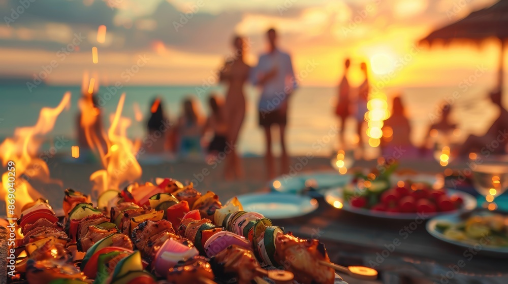 Grilled skewers on fire with a group of friends enjoying a beach barbecue at sunset, creating a warm, festive atmosphere. Grilled skewers on fire with a group of friends enjoying a beach barbecue at sunset, creating a warm, festive atmosphere.