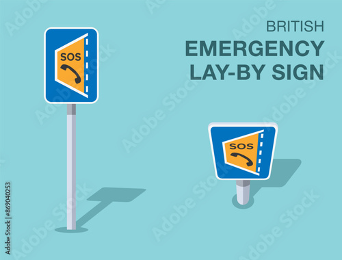 Traffic regulation rules. Isolated British "emergency lay-by" road sign. Front and top view. Flat vector illustration template.