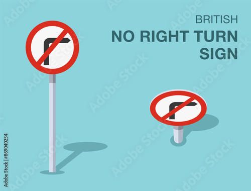 Traffic regulation rules. Isolated British "no right turn" road sign. Front and top view. Flat vector illustration template.