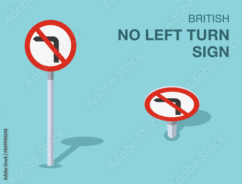 Traffic regulation rules. Isolated British "no left turn" road sign. Front and top view. Flat vector illustration template.