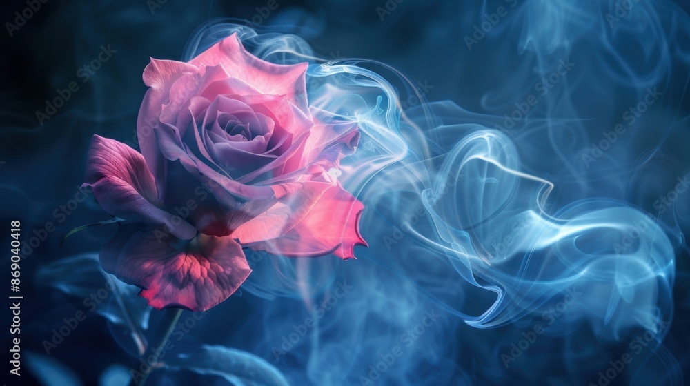 Close-up of a pink rose enveloped in ethereal smoke, creating a mystical and dreamy visual effect. Close-up of a pink rose enveloped in ethereal smoke, creating a mystical and dreamy visual effect.