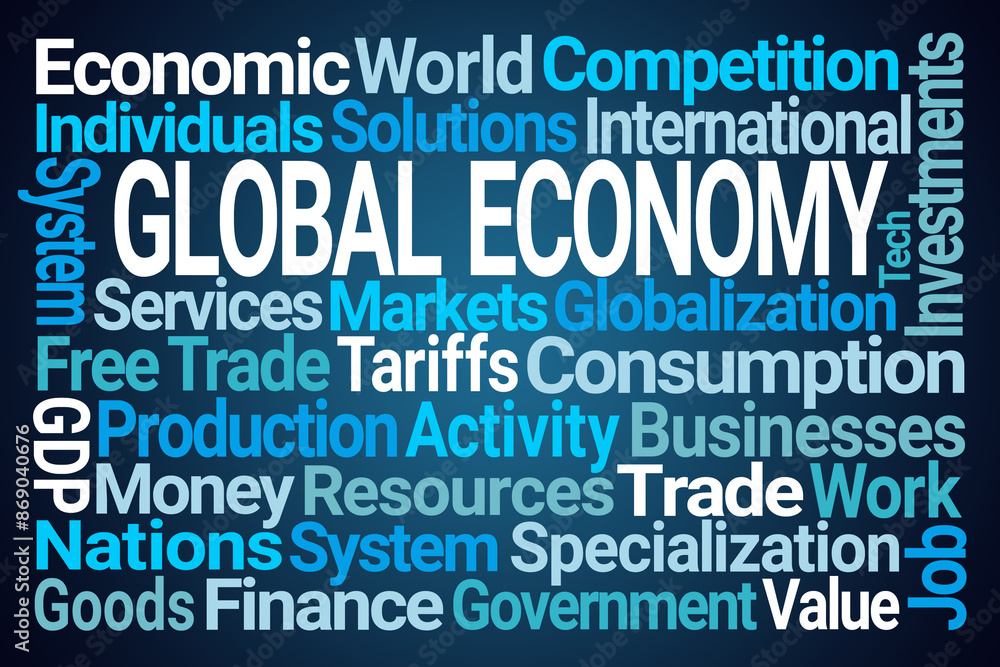 Global Economy Word Cloud on Blue Background Global Economy Word Cloud on Blue Background