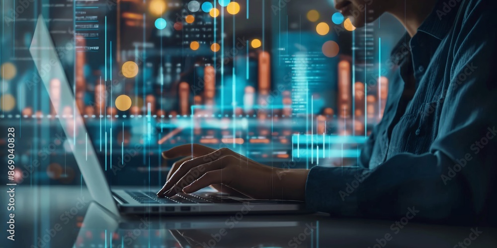 An individual is working on a computer, coding with digital data visualization graphics overlayed on the screen, portraying modern technology and detailed analytical work. An individual is working on a computer, coding with digital data visualization graphics overlayed on the screen, portraying modern technology and detailed analytical work.