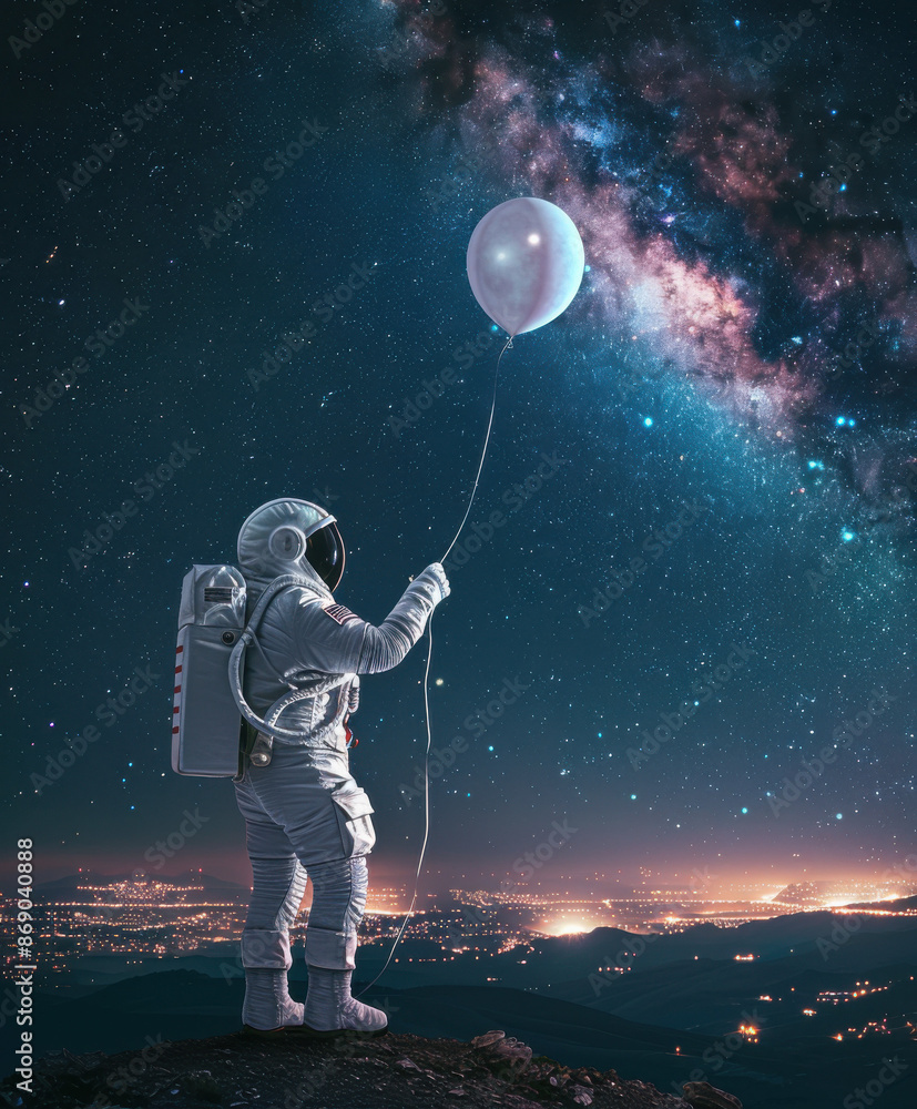 Fototapeta premium Astronaut Holding Balloon Under Starry Night