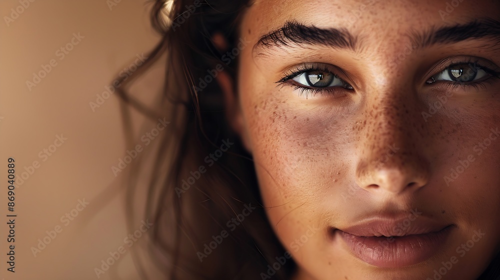 closeup portrait of young happy woman looking in camera : Generative AI closeup portrait of young happy woman looking in camera : Generative AI