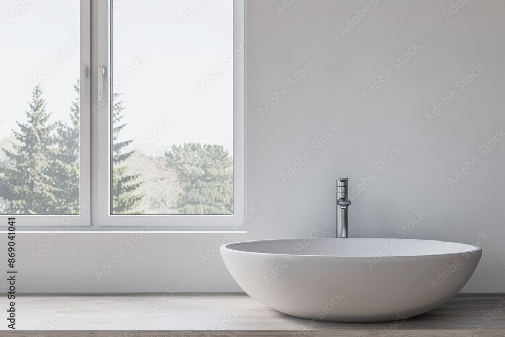 Modern sink next to a window of a bathroom in a luxury property. Minimalist luxury interiors composition. Modern sink next to a window of a bathroom in a luxury property. Minimalist luxury interiors composition.