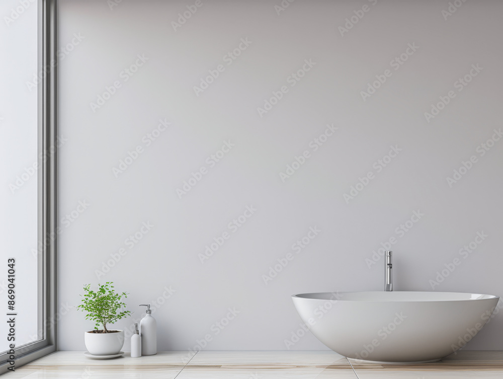 Fototapeta premium Modern sink next to a window of a bathroom in a luxury property. Minimalist luxury interiors composition.