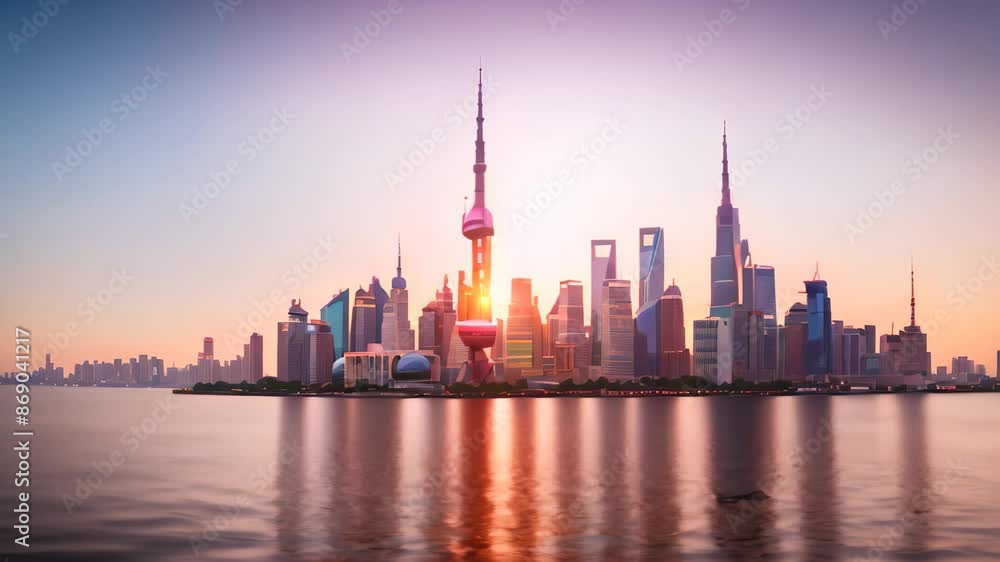 Shanghai skyline at sunset, China. Panoramic view, Shanghai skyline panorama with the Huangpu river, China Shanghai skyline at sunset, China. Panoramic view, Shanghai skyline panorama with the Huangpu river, China