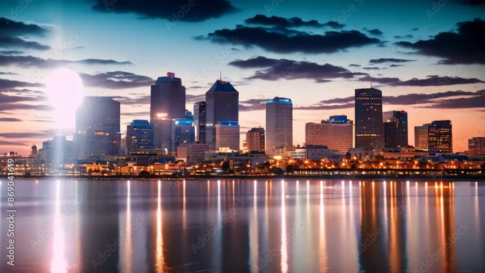 Boston skyline at sunset with reflection in the water, Massachusetts, USA, Skyline of New Orleans with the Mississippi River at Dusk Boston skyline at sunset with reflection in the water, Massachusetts, USA, Skyline of New Orleans with the Mississippi River at Dusk