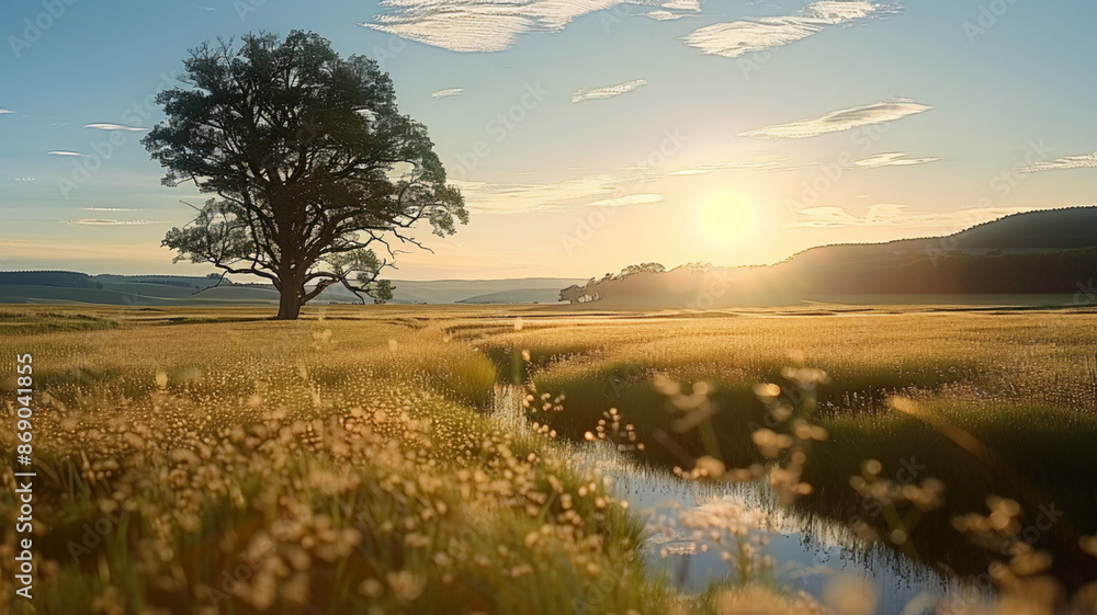 Fototapeta premium Tranquil sunset over meadow reflecting beauty in nature, AI Generative.