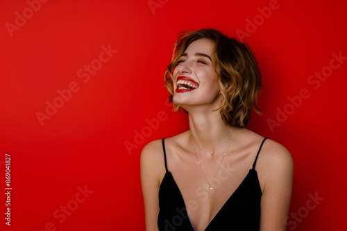 Wallpaper Mural Portrait of beautiful caucasian woman laughing and looking away isolated on red background Torontodigital.ca