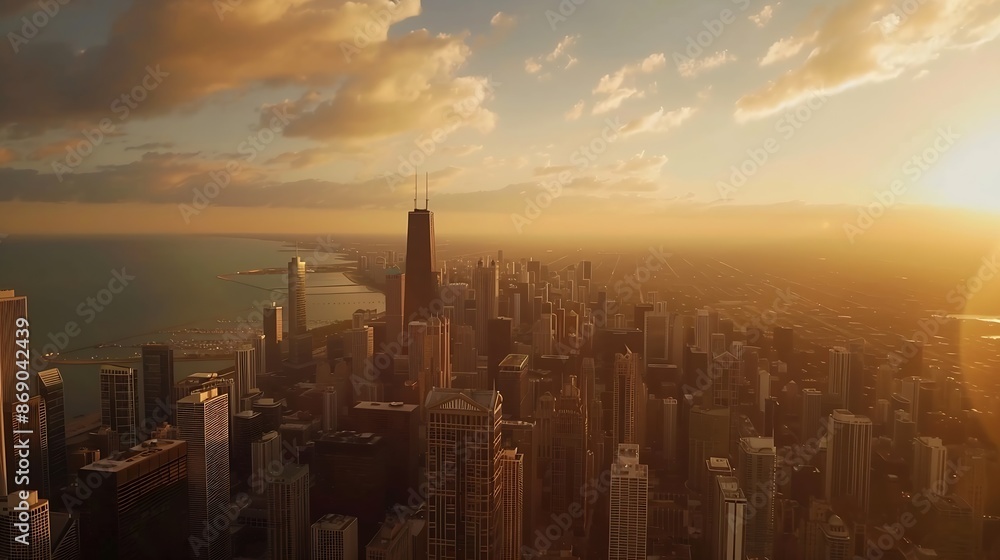 Fototapeta premium Chicago building city view from observation deck high level with sunset sky cityscape of Michihan USA United states of america : Generative AI