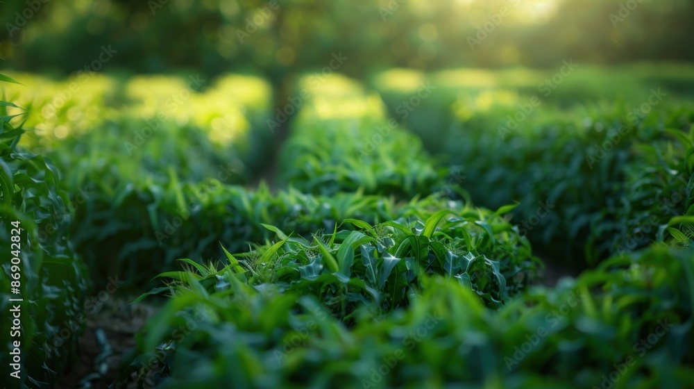 A lush green cornfield bathed in the soft light of sunrise, highlighting the vibrant growth and serene agricultural landscape. A lush green cornfield bathed in the soft light of sunrise, highlighting the vibrant growth and serene agricultural landscape.