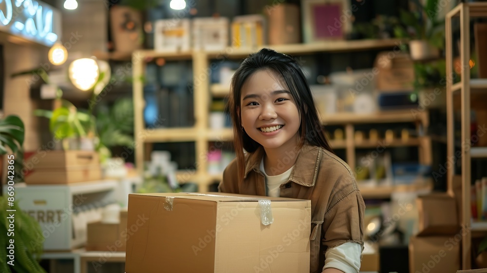 Eco friendly box in net zero store asian seller retail office shop ESG go green Small SME owner young adult woman asia people happy vendor smile looking at camera Supply chain digital  : Generative AI