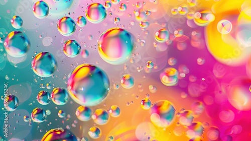 A vibrant image of bubbles with rainbow reflections against a multicolored background, creating a mesmerizing abstract visual.