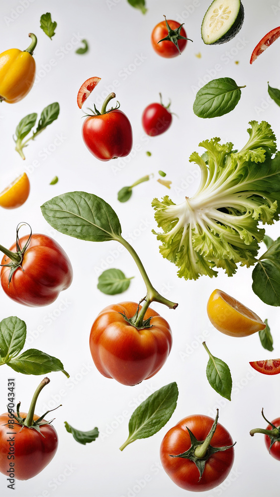 Close-up, vegetables falling on a white background with splashes of water Close-up, vegetables falling on a white background with splashes of water