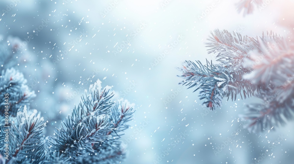 Snow-covered pine branches set against a soft, winter background, capturing the serene beauty of a snowy landscape. Snow-covered pine branches set against a soft, winter background, capturing the serene beauty of a snowy landscape.