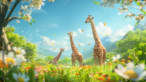 A Family of Giraffes Celebrating a Sunny Day in the Outdoors