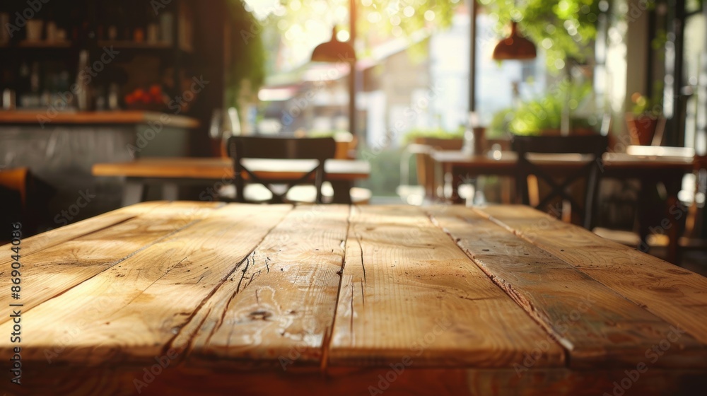 A rustic wooden table in a cozy cafe, bathed in warm sunlight, creating an inviting and charming atmosphere. A rustic wooden table in a cozy cafe, bathed in warm sunlight, creating an inviting and charming atmosphere.