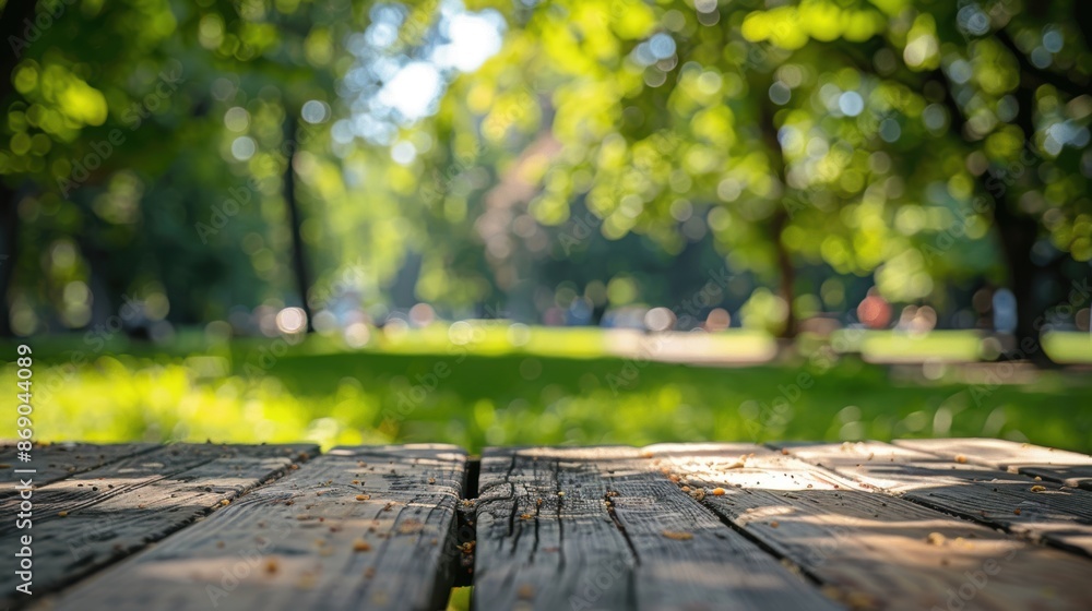A sunny day in a park with a wooden table in the foreground, surrounded by lush green trees and a vibrant atmosphere. A sunny day in a park with a wooden table in the foreground, surrounded by lush green trees and a vibrant atmosphere.