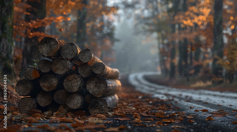 Wood bundle beside to the asphalt road in an autumnal forest very detailed and realistic shape Wood bundle beside to the asphalt road in an autumnal forest very detailed and realistic shape
