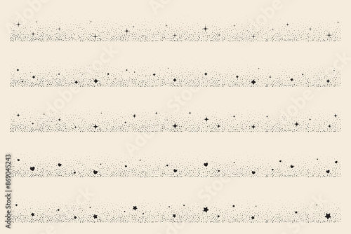 Magic decorative border with celestial stars and hearts. Vector shiny minimal frames with sparks. Abstract simple cosmic patterns set