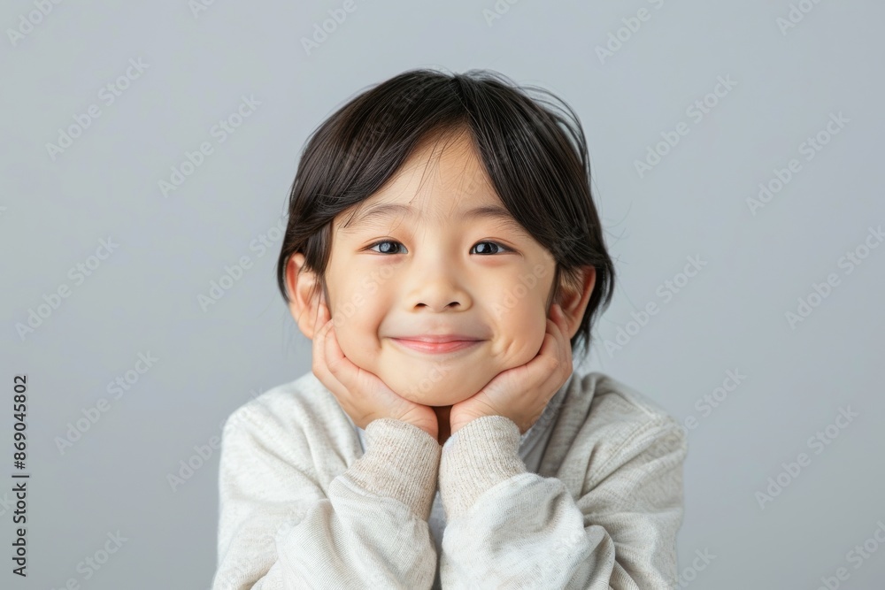 Portrait of cute Asian child posing on neutral background Portrait of cute Asian child posing on neutral background