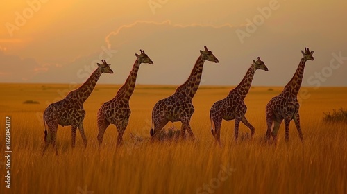 A group of giraffes are grazing in the middle of the grassland 