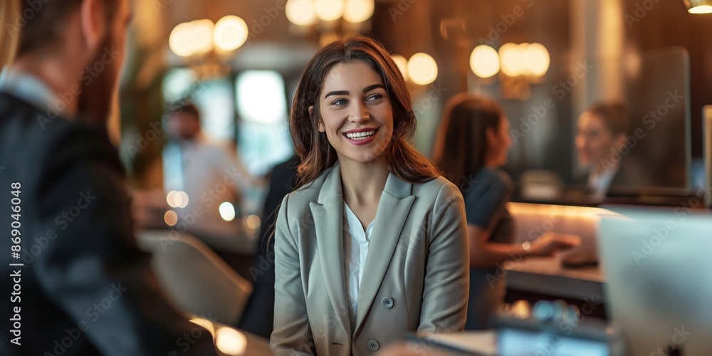 An elegant woman is smiling and discussing with a coworker in a sophisticated office space, characterized by warm ambient lighting and professional decor. An elegant woman is smiling and discussing with a coworker in a sophisticated office space, characterized by warm ambient lighting and professional decor.