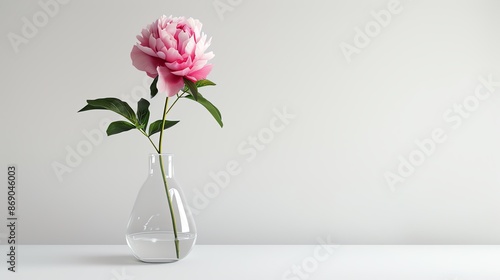 Fototapeta Naklejka Na Ścianę i Meble -  Single pink peony flower in a clear glass vase on a white surface.